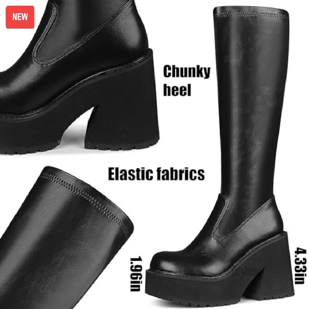 Knee High Platform Combat Boots Elastic Leather Chunky Heel Zipper - Picture 5 of 8
